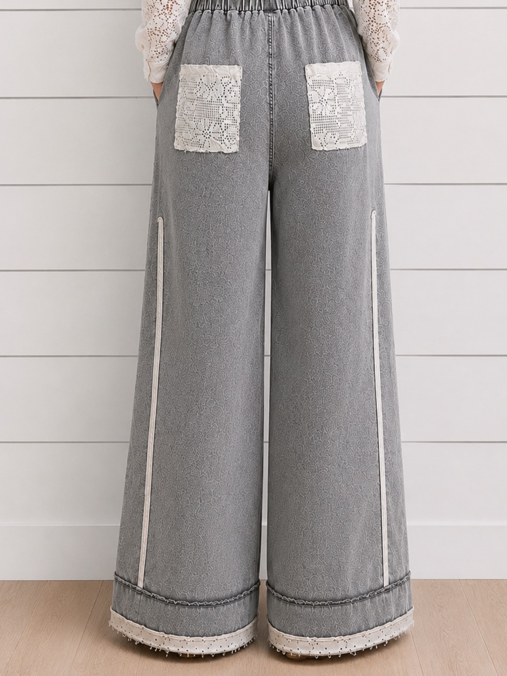 NEW POL : “The Gianna”Wide Leg Lace-Trim Patch Pocket Pants - Gray & White - Picture 3 of 5